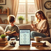 A balanced blog photo representing managing screen time for kids and teens. The image features a cozy living room setting showing a woman and her kid with a tablet